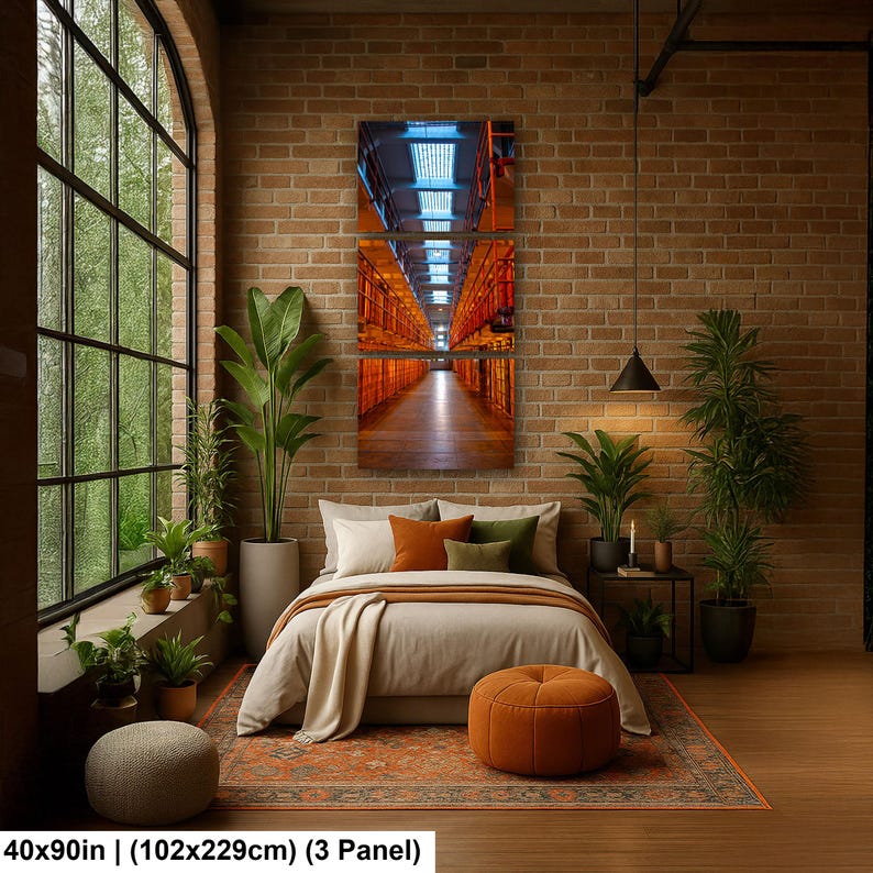 May include: A three-panel wall art set depicting a long, narrow corridor with orange-toned prison cells and a blue-lit ceiling. The artwork measures 40 by 90 inches and is displayed above a bed with neutral bedding and orange accent pillows.
