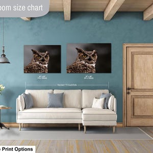 May include: A living room size chart featuring two rectangular wall art prints of a great horned owl. The prints are displayed above a white sectional sofa, with text labels indicating dimensions of 30 x 40 inches and 32 x 48 inches respectively.