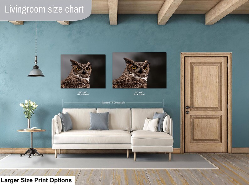 May include: A living room size chart featuring two rectangular wall art prints of a great horned owl. The prints are displayed above a white sectional sofa, with text labels indicating dimensions of 30 x 40 inches and 32 x 48 inches respectively.