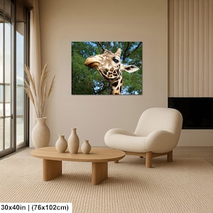 K&ouml;nnte beinhalten: Ein rechteckiger Wandkunstdruck, der den Kopf und Hals einer Giraffe vor einem Hintergrund aus gr&uuml;nen B&auml;umen und blauem Himmel zeigt. Der Druck misst 76 mal 102 cm und h&auml;ngt an einer beigen Wand &uuml;ber einem h&ouml;lzernen Couchtisch und einem cremefarbenen Sessel.