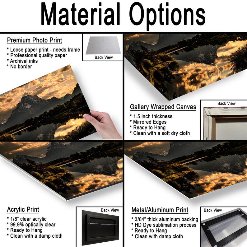 Puede incluir: Una muestra de producto con opciones de materiales para una fotograf&iacute;a de paisaje de monta&ntilde;as reflejadas en el agua. Las opciones incluyen impresi&oacute;n fotogr&aacute;fica, lienzo con 3,81 cm de grosor, impresi&oacute;n en acr&iacute;lico e impresi&oacute;n en metal.