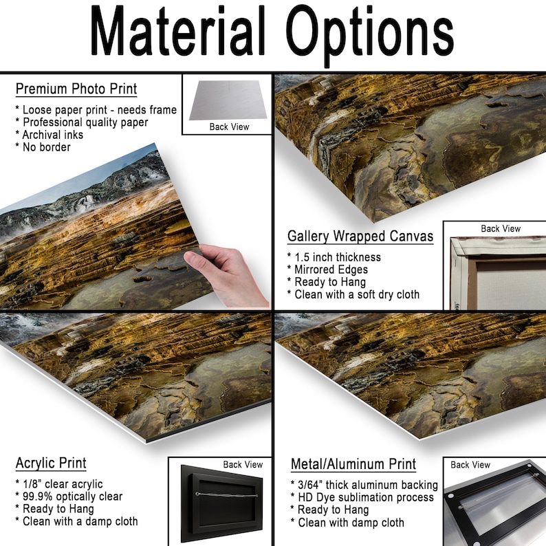 K&ouml;nnte beinhalten: Eine Produkt&uuml;bersicht mit dem Titel Material Options zeigt vier Druckarten: Premium-Fotodruck, Galerie-Leinwand mit 3,81 cm Dicke, Acryldruck mit 0,32 cm klarem Acryl und Metall-/Aluminiumdruck mit 0,12 cm dicker R&uuml;ckseite.