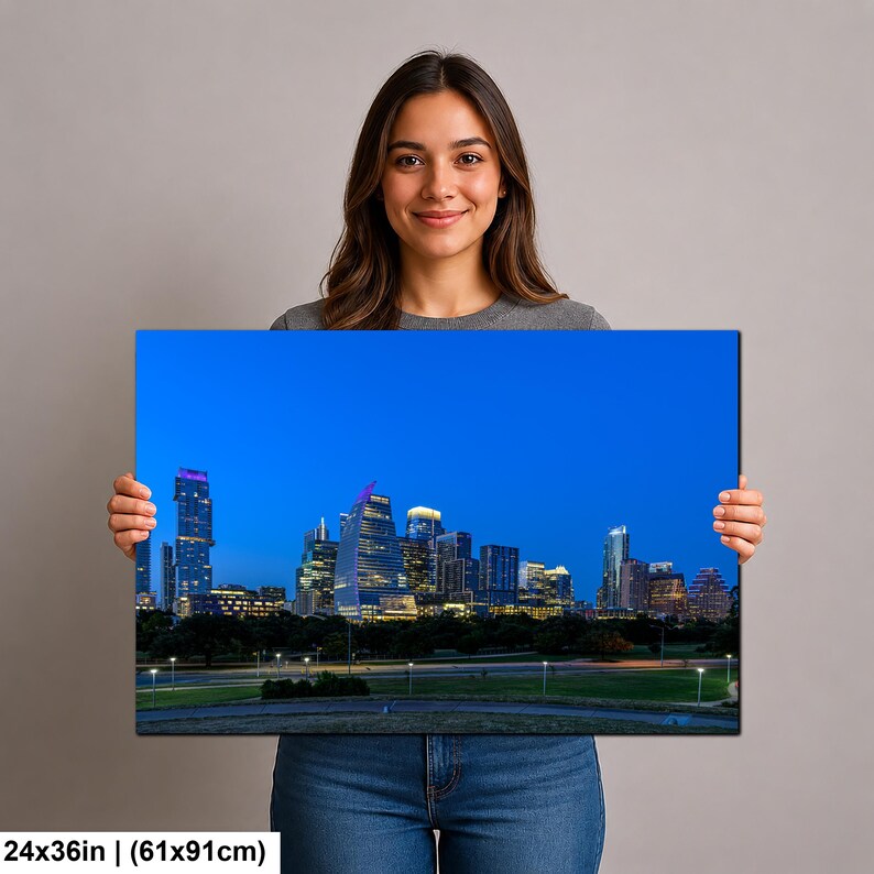 Texas konsttryck, väggkonst med Austins skyline, centrala Austin (konstfotografi) 24x36 inches