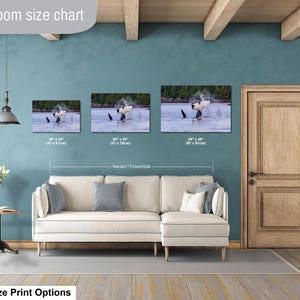 May include: A living room size chart displaying three rectangular wall art prints of an orca breaching in water. The prints are labeled with dimensions: 16 x 24 inches, 20 x 30 inches, and 24 x 36 inches, positioned above a beige sectional sofa.