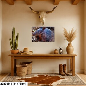 May include: A rectangular wall art print featuring a close-up of a grey armadillo with a textured, patterned shell. The print measures 20 by 30 inches and displays the animal in a natural outdoor setting with blurred brown and green foliage.