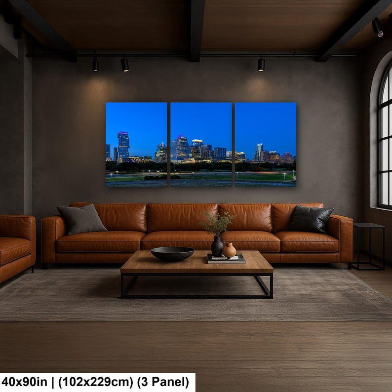 Texas konsttryck, väggkonst med Austins skyline, centrala Austin (konstfotografi) 40x90 inch (3 panel)