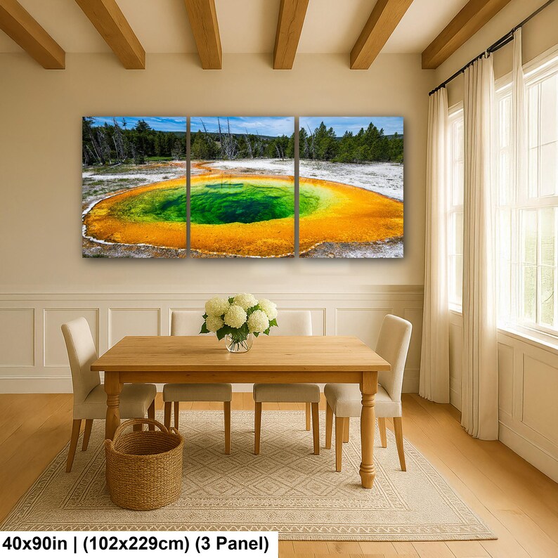 May include: A three-panel wall art set depicting a vibrant geothermal pool with a deep green center surrounded by bright orange and yellow mineral deposits, set against a backdrop of green trees and a blue sky, measuring 40 by 90 inches in total.
