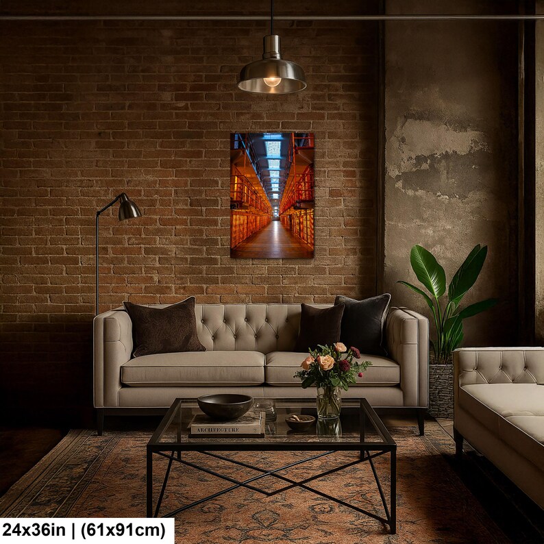 May include: A rectangular wall art print measuring 24 by 36 inches, featuring a perspective view of a long, narrow corridor with orange-lit shelving units on both sides and a bright blue light source at the far end, mounted on a brick wall.