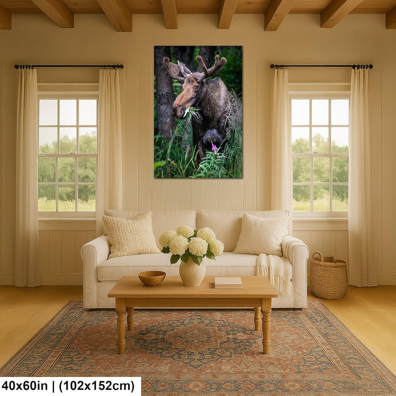 May include: A rectangular wall art print featuring a brown moose standing in a lush green forest, eating foliage. The moose has large antlers and is surrounded by tall grass and trees. The print dimensions are clearly labeled as 40x60 inches.
