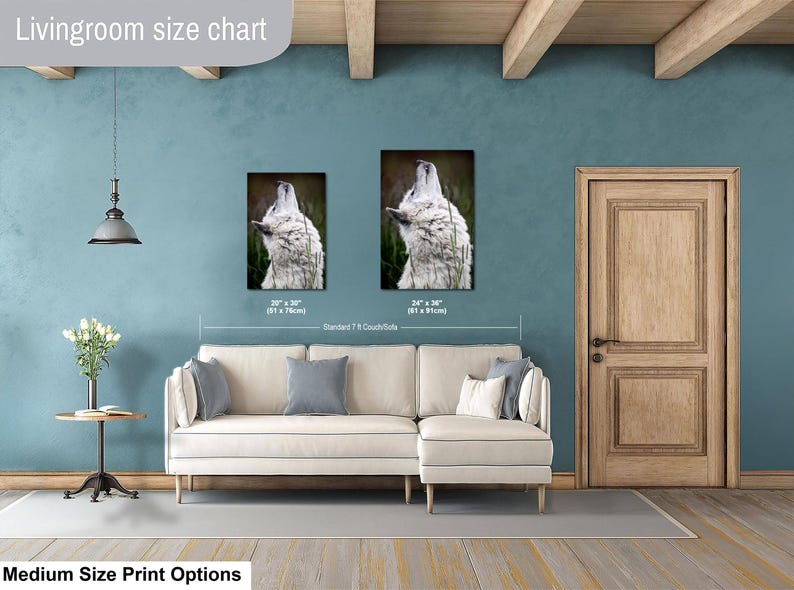 Pu&ograve; includere: Una tabella delle dimensioni per soggiorno che mostra due stampe artistiche verticali di un lupo bianco che ulula. Le stampe sono etichettate con dimensioni di 51 x 76 cm e 61 x 91 cm, posizionate sopra un divano angolare color crema in una stanza blu.