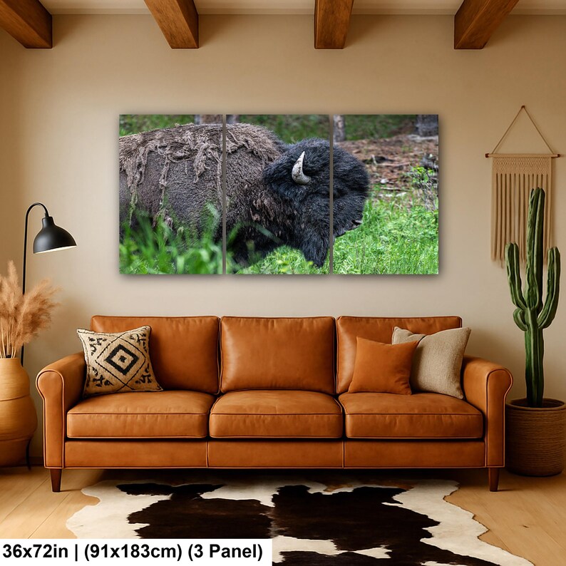May include: A three-panel wall art set depicting a bison in a grassy field. The artwork measures 36 by 72 inches. The image shows the dark brown, shaggy fur of the bison, its curved horn, and green grass in a natural outdoor setting.