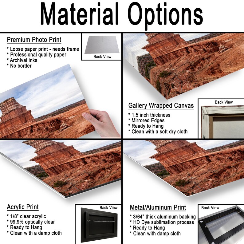 May include: A product information chart titled Material Options displaying four print types: Premium Photo Print, Gallery Wrapped Canvas with 1.5 inch thickness, Acrylic Print with 1/8 inch clear acrylic, and Metal/Aluminum Print with 3/64 inch backing.