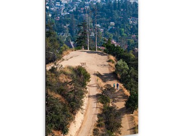 May include: A vertical wall art print featuring a high-angle landscape view of a dirt hiking trail winding up a dry, grassy hill. Two small figures walk along the path toward a hilltop with two tall, thin trees overlooking a sprawling city.