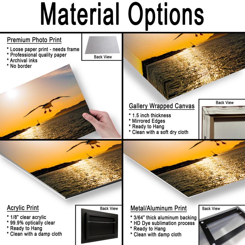 May include: A product display showing material options for a sunset seascape print. Options include a premium photo print, a 1.5 inch thick gallery wrapped canvas, an acrylic print with 1/8 inch clear acrylic, and a metal aluminum print with 3/64 inch backing.