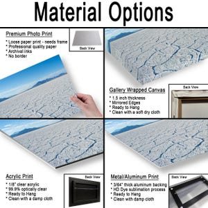 May include: A product display titled Material Options showing four print types: Premium Photo Print, Gallery Wrapped Canvas with 1.5 inch thickness, Acrylic Print with 1/8 inch clear acrylic, and Metal/Aluminum Print with 3/64 inch thick aluminum backing.