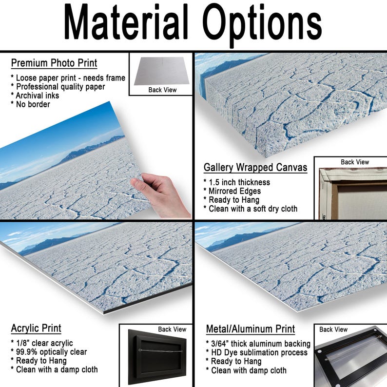 May include: A product display titled Material Options showing four print types: Premium Photo Print, Gallery Wrapped Canvas with 1.5 inch thickness, Acrylic Print with 1/8 inch clear acrylic, and Metal/Aluminum Print with 3/64 inch thick aluminum backing.