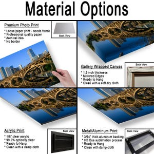May include: A product display showing material options for a cityscape print including a premium photo print, a 1.5 inch thick gallery wrapped canvas, an 1/8 inch clear acrylic print, and a 3/64 inch thick metal aluminum print with back views.