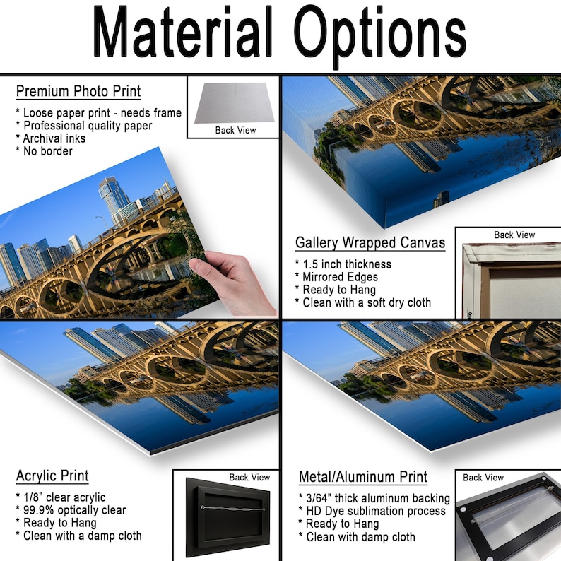 May include: A product display showing material options for a cityscape print including a premium photo print, a 1.5 inch thick gallery wrapped canvas, an 1/8 inch clear acrylic print, and a 3/64 inch thick metal aluminum print with back views.