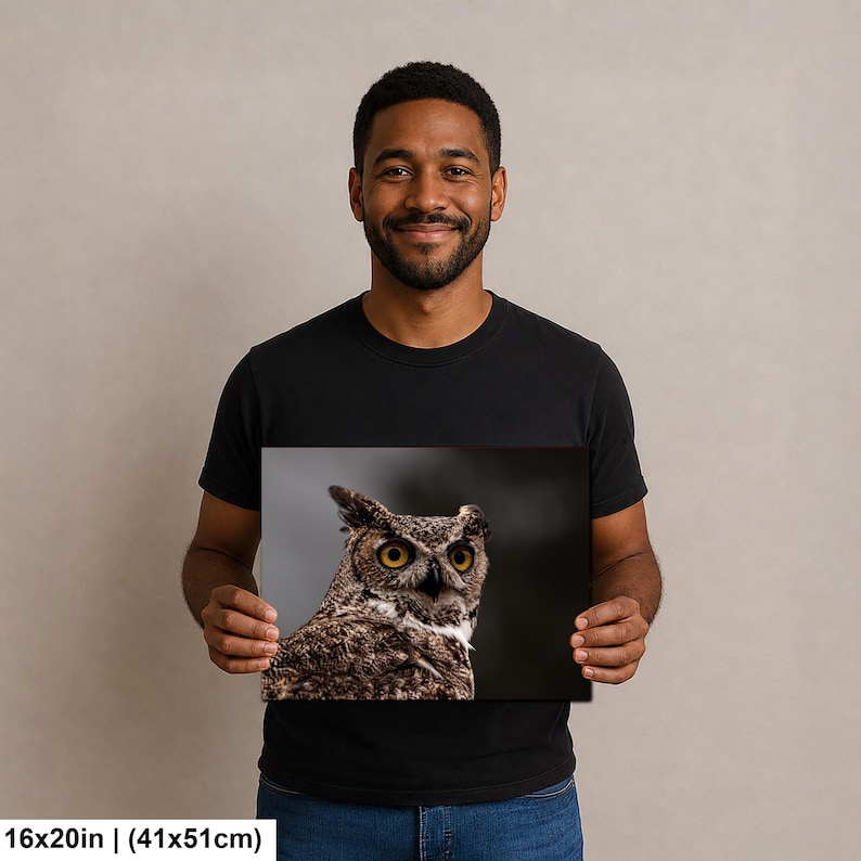 May include: A rectangular canvas print featuring a detailed photograph of a great horned owl with prominent yellow eyes and brown, black, and white mottled feathers. The print displays the text 16x20in | (41x51cm) in the bottom left corner.