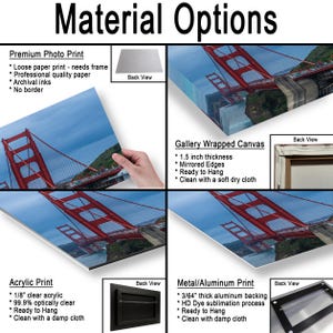 May include: A product display showing material options for a Golden Gate Bridge photograph. Options include a premium photo print, a 1.5 inch thick gallery wrapped canvas, a 1/8 inch clear acrylic print, and a 3/64 inch thick aluminum metal print.
