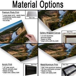 May include: A product display showing four material options for a landscape photograph of a waterfall: a premium photo print, a gallery wrapped canvas with 1.5 inch thickness, an acrylic print with 1/8 inch clear acrylic, and a metal print with 3/64 inch backing.