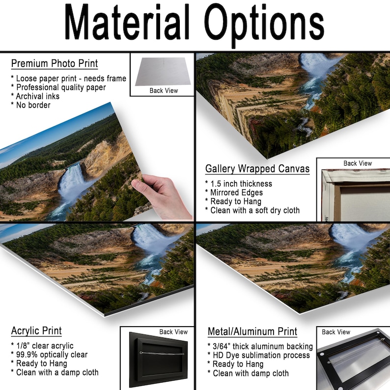 May include: A product display showing four material options for a landscape photograph of a waterfall: a premium photo print, a gallery wrapped canvas with 1.5 inch thickness, an acrylic print with 1/8 inch clear acrylic, and a metal print with 3/64 inch backing.