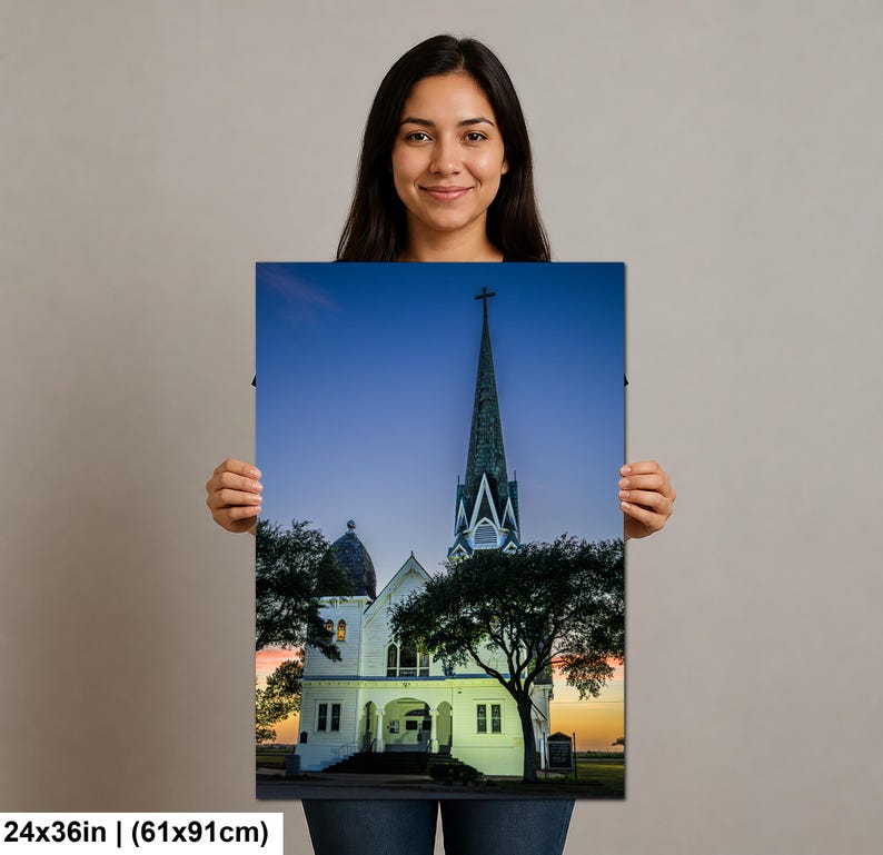 Konsttryck i Texas, väggkonst med kyrktorn, New Sweden Lutheran Church (konstfotografi) bild 7