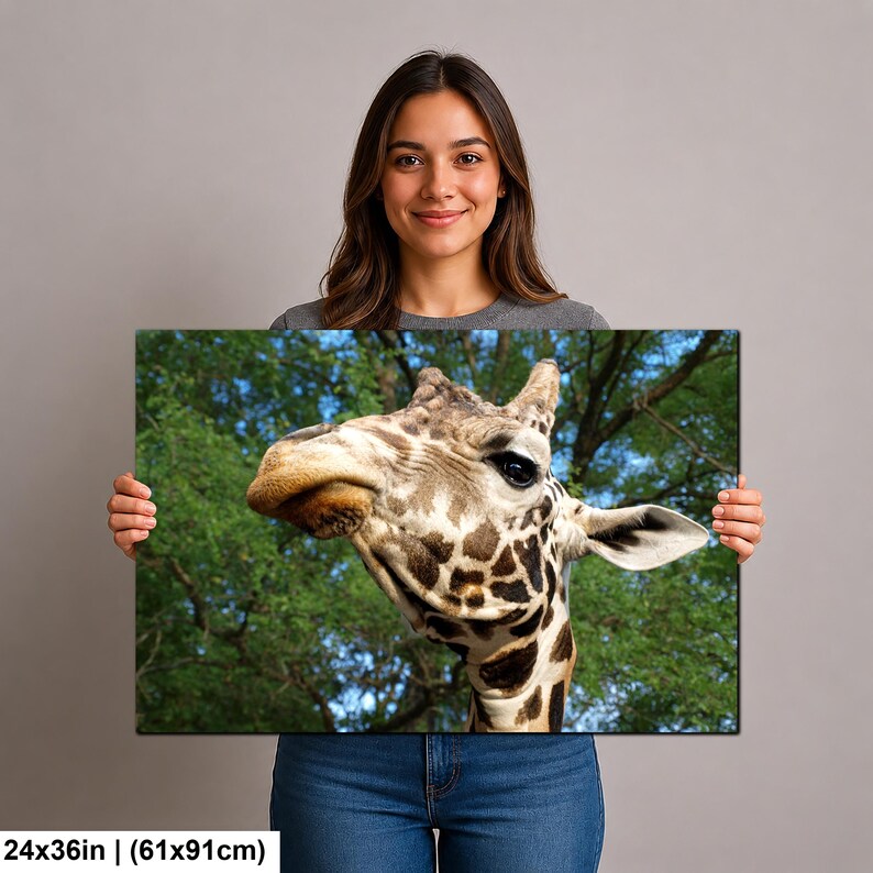 K&ouml;nnte beinhalten: Ein rechteckiger Wandkunstdruck mit einer Nahaufnahme eines Giraffenkopfes mit braun-cremefarbenem Musterfell vor einem Hintergrund aus gr&uuml;nen Baumzweigen und blauem Himmel. Der Druck misst 61 cm mal 91 cm, wie im Text angegeben.