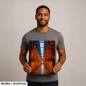 May include: A rectangular wall art print measuring 16 inches by 20 inches, featuring a perspective view of a prison cell block with orange-lit tiers, metal railings, and a central walkway leading toward a bright light source at the far end.