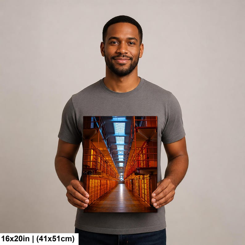 May include: A rectangular wall art print measuring 16 inches by 20 inches, featuring a perspective view of a prison cell block with orange-lit tiers, metal railings, and a central walkway leading toward a bright light source at the far end.