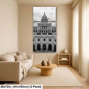 May include: A three-panel black and white wall art set depicting the Texas State Capitol building. The artwork measures 36 by 72 inches and features the iconic dome, neoclassical architecture, and arched windows of the government structure.
