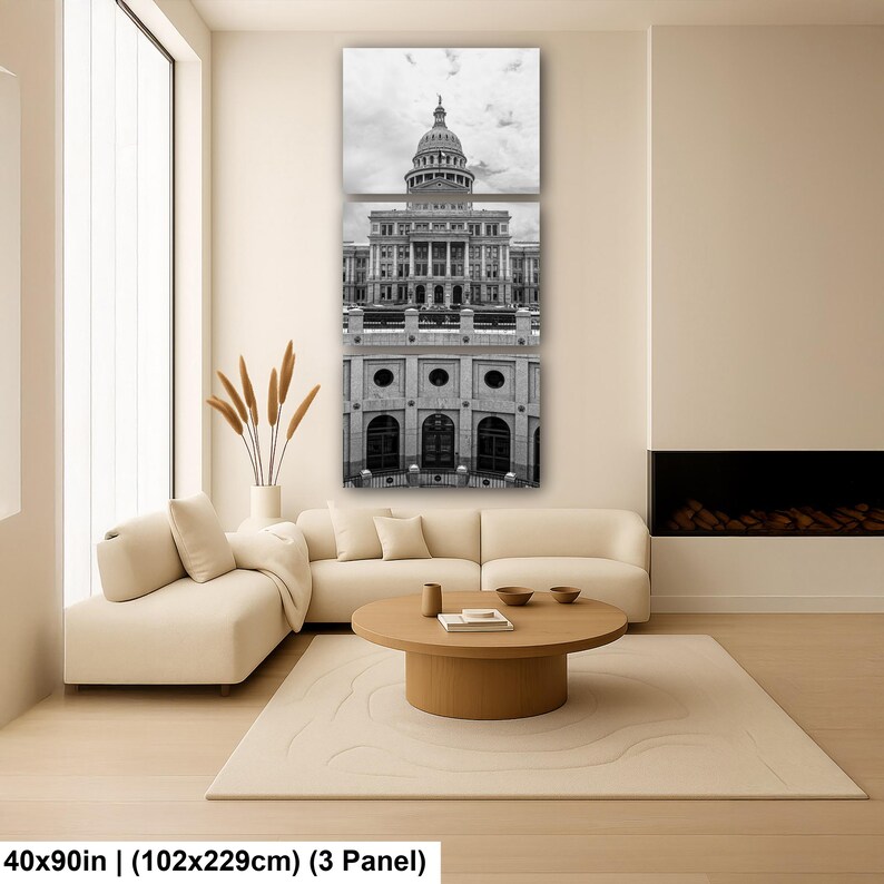 May include: A three-panel black and white wall art set depicting the Texas State Capitol building. The vertical arrangement shows the dome, the main facade, and the lower architectural levels. The total dimensions are 40 by 90 inches.