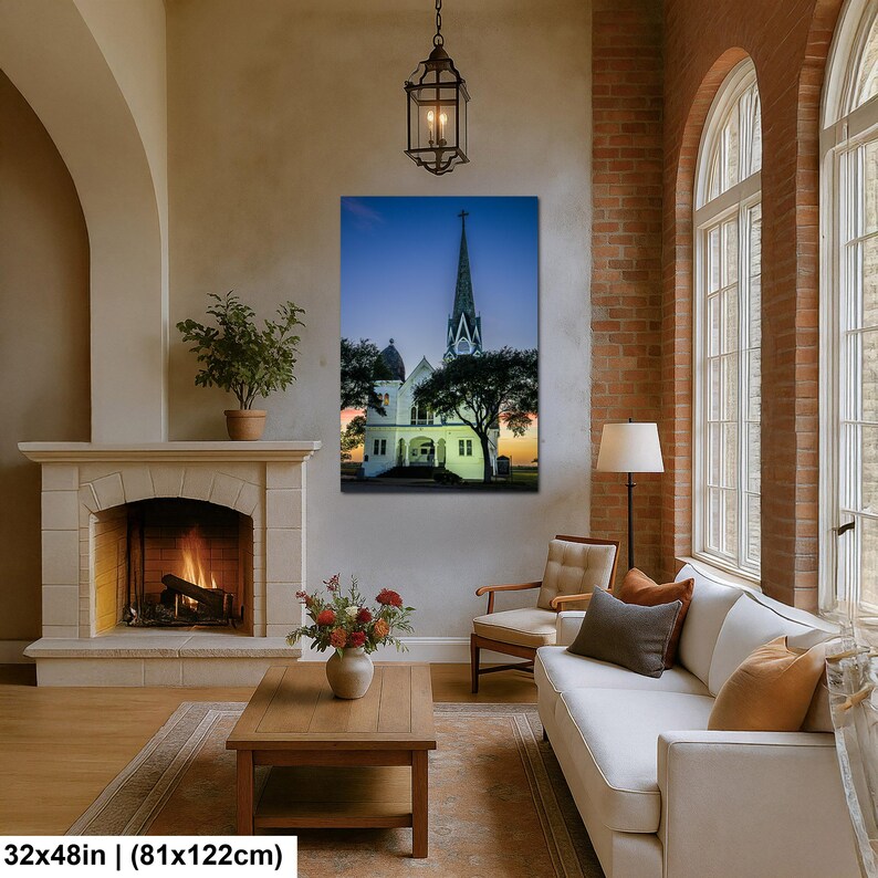Konsttryck i Texas, väggkonst med kyrktorn, New Sweden Lutheran Church (konstfotografi) 32x48 inches