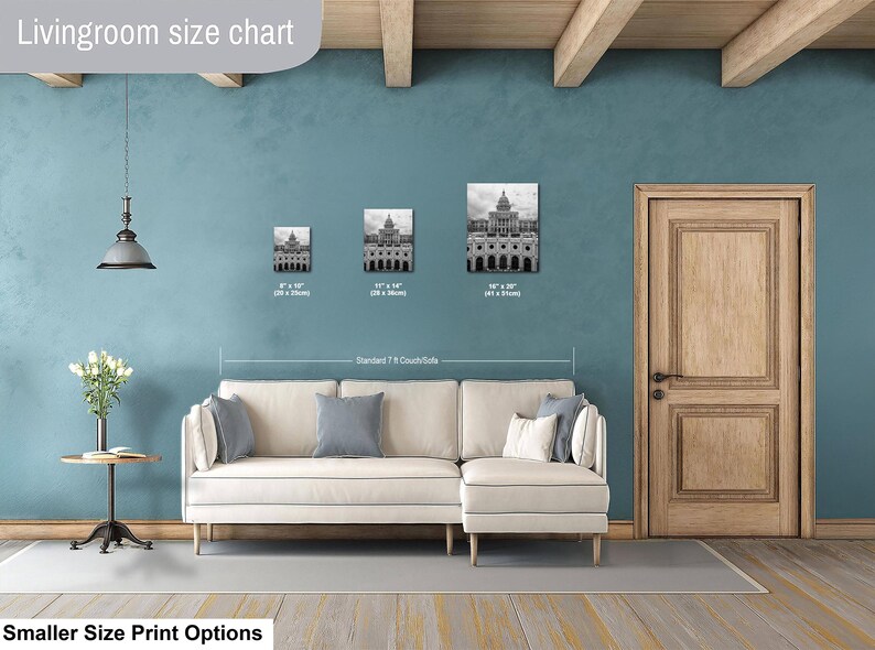 May include: A living room size chart displaying three black and white architectural prints in 8 x 10 inches, 11 x 14 inches, and 16 x 20 inches sizes, positioned above a cream-colored sectional sofa with a standard 7 ft couch width label.
