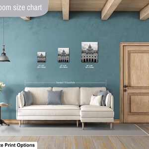 May include: A living room size chart displaying three black and white architectural prints in 8 x 10 inches, 11 x 14 inches, and 16 x 20 inches sizes, positioned above a cream-colored sectional sofa with a standard 7 ft couch width label.