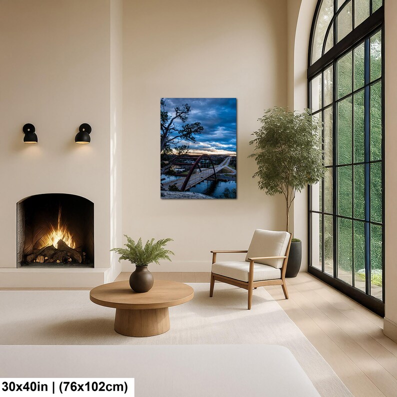 May include: A rectangular wall art print measuring 30 by 40 inches, featuring a landscape photograph of a curved bridge over water at dusk. The scene includes a dark blue cloudy sky, silhouetted trees, and a glowing horizon line above the bridge.