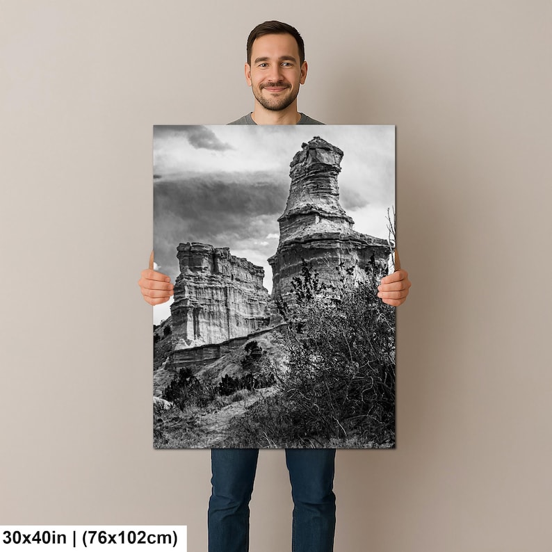 May include: A rectangular wall art print measuring 30 by 40 inches, featuring a black and white landscape photograph of tall, weathered rock formations under a cloudy sky, with dark, sparse vegetation in the foreground of the scene.
