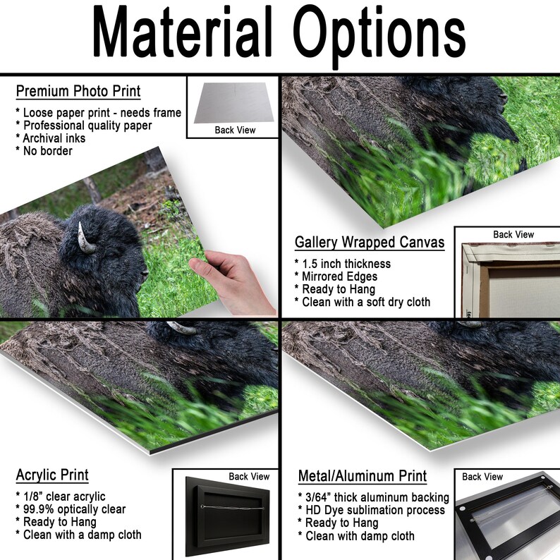May include: A product information chart titled Material Options displaying four print types: Premium Photo Print, Gallery Wrapped Canvas with 1.5 inch thickness, Acrylic Print with 1/8 inch clear acrylic, and Metal/Aluminum Print with 3/64 inch backing.