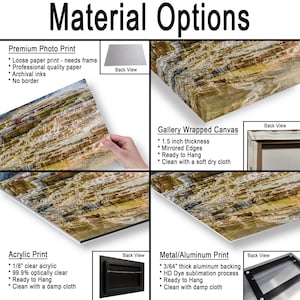 May include: A product information chart titled Material Options displaying four print types: a premium photo print, a gallery wrapped canvas with 1.5 inch thickness, an acrylic print with 1/8 inch clear acrylic, and a metal aluminum print with 3/64 inch backing.