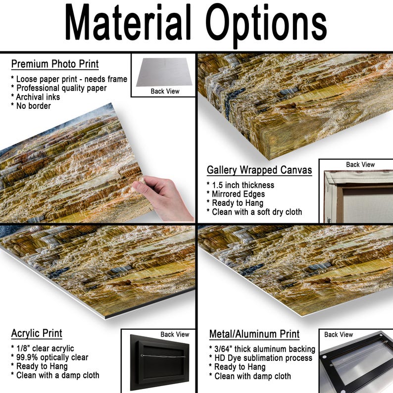 May include: A product information chart titled Material Options displaying four print types: a premium photo print, a gallery wrapped canvas with 1.5 inch thickness, an acrylic print with 1/8 inch clear acrylic, and a metal aluminum print with 3/64 inch backing.