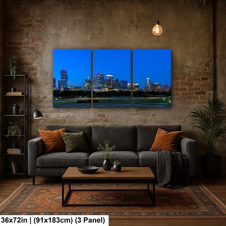Texas konsttryck, väggkonst med Austins skyline, centrala Austin (konstfotografi) 36x72 inch (3 panel)