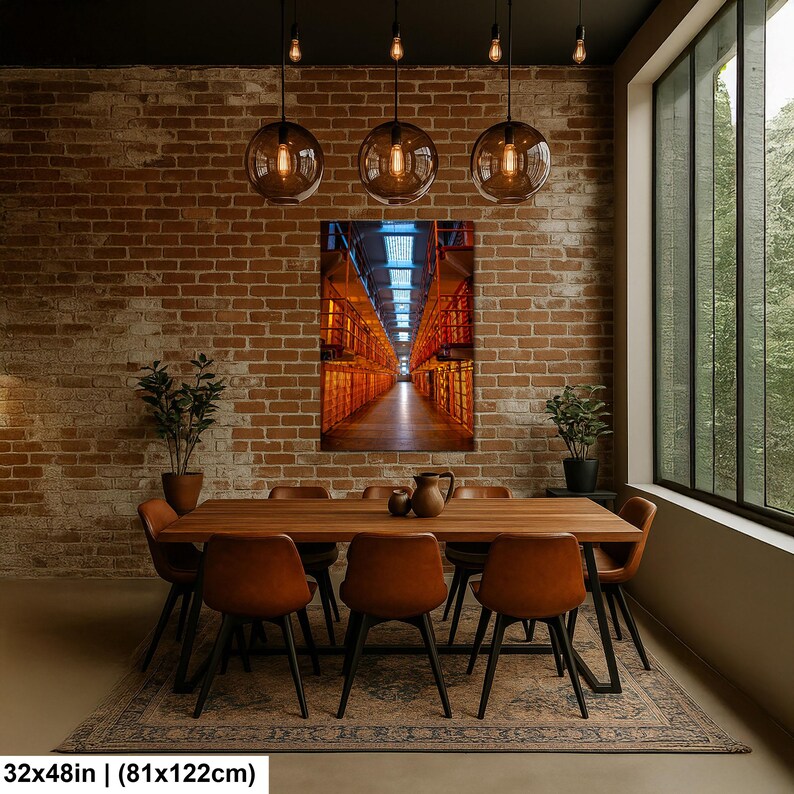May include: A rectangular wall art print measuring 32 by 48 inches, featuring a perspective view of a long, narrow corridor with orange-toned metal structures and a central walkway, mounted on a brick wall above a wooden dining table and chairs.