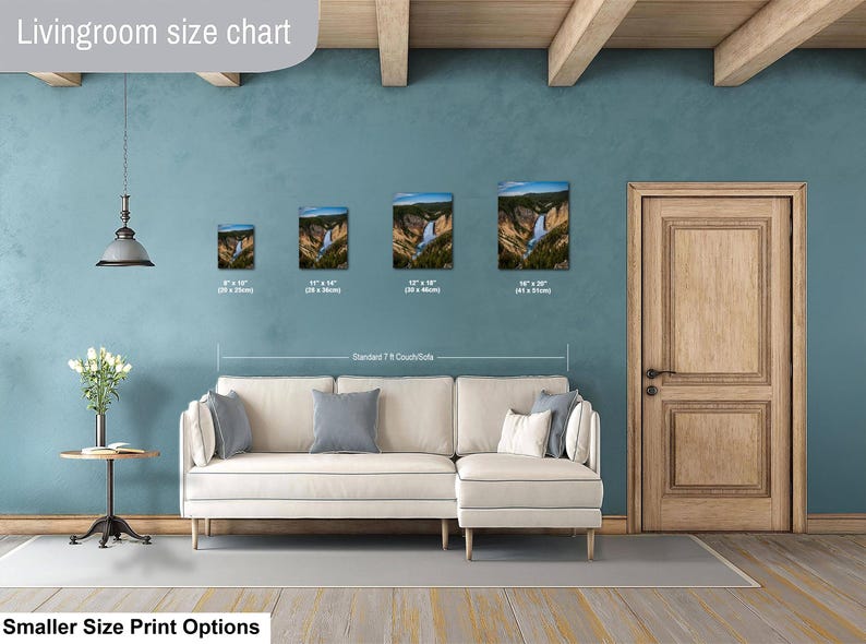 May include: A living room size chart displaying four rectangular wall art prints of a waterfall landscape above a cream-colored sectional sofa. The prints are labeled with dimensions ranging from 8 by 10 inches to 16 by 20 inches for scale.