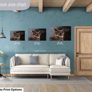May include: A living room size chart displaying three rectangular wall art prints of a brown owl. The prints are labeled with dimensions: 16 x 24 inches, 20 x 30 inches, and 24 x 36 inches. The chart is positioned above a cream-colored sectional sofa.