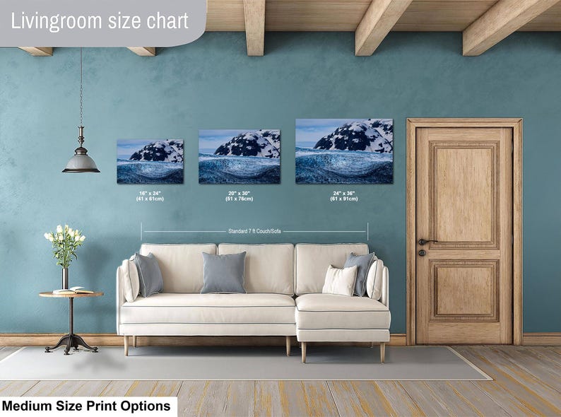 May include: A living room size chart displaying three rectangular wall art prints featuring a snowy mountain landscape above a blue ocean wave. The prints are labeled with dimensions of 16x24 inches, 20x30 inches, and 24x36 inches, shown above a sofa.