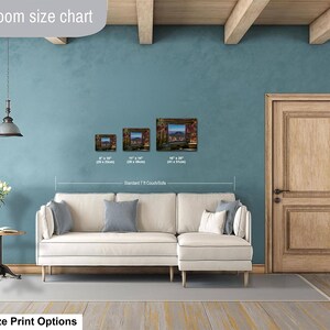May include: A living room size chart displaying three rectangular wall art prints in sizes 8x10 inches, 11x14 inches, and 16x20 inches, positioned above a white sectional sofa. The text reads Livingroom size chart and Standard 7 ft Couch/Sofa.