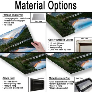 May include: A product information chart titled Material Options displaying four print types: Premium Photo Print, Gallery Wrapped Canvas with 1.5 inch thickness, Acrylic Print with 1/8 inch clear acrylic, and Metal/Aluminum Print with 3/64 inch backing.