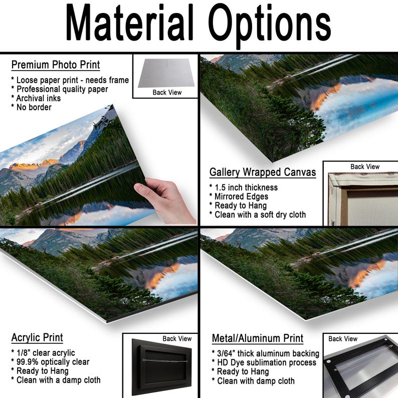 May include: A product information chart titled Material Options displaying four print types: Premium Photo Print, Gallery Wrapped Canvas with 1.5 inch thickness, Acrylic Print with 1/8 inch clear acrylic, and Metal/Aluminum Print with 3/64 inch backing.