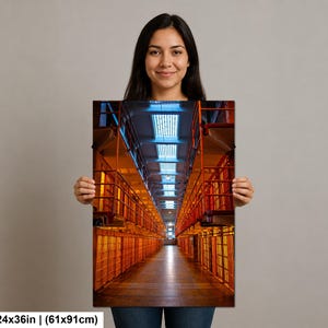 May include: A rectangular wall art print measuring 24 inches by 36 inches, featuring a perspective view of a prison cell block with orange metal railings, tiered levels of barred cells, and a central corridor illuminated by overhead skylights.