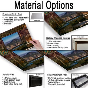 May include: A product information chart titled Material Options displaying four print types: a premium photo print, a gallery wrapped canvas with 1.5 inch thickness, an acrylic print with 1/8 inch clear acrylic, and a metal aluminum print with 3/64 inch backing.